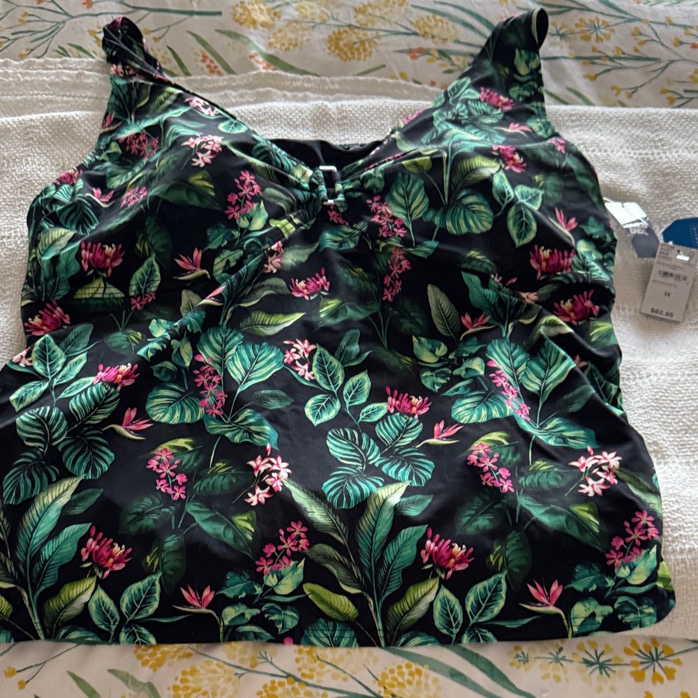 Lands' End black tropical palm swim top